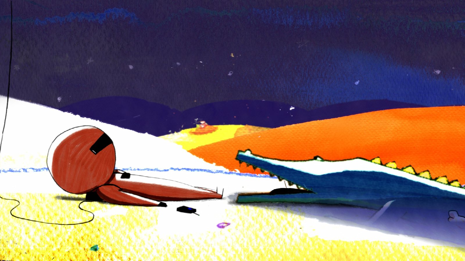 Still from Orange Story showing the astronaut in a desert landscape